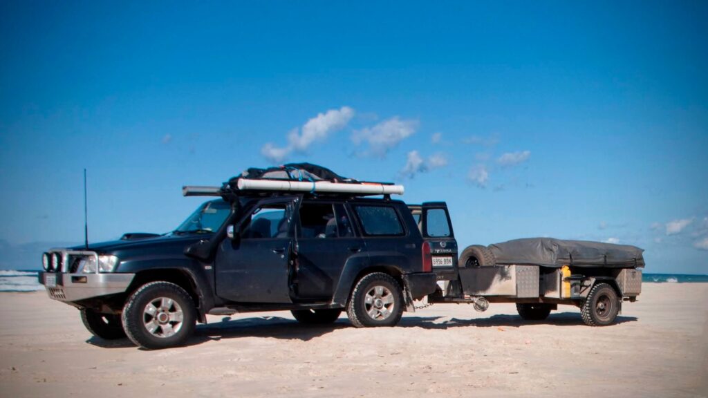 Towing a camper trailer on the Fraser Island K'gari Beach